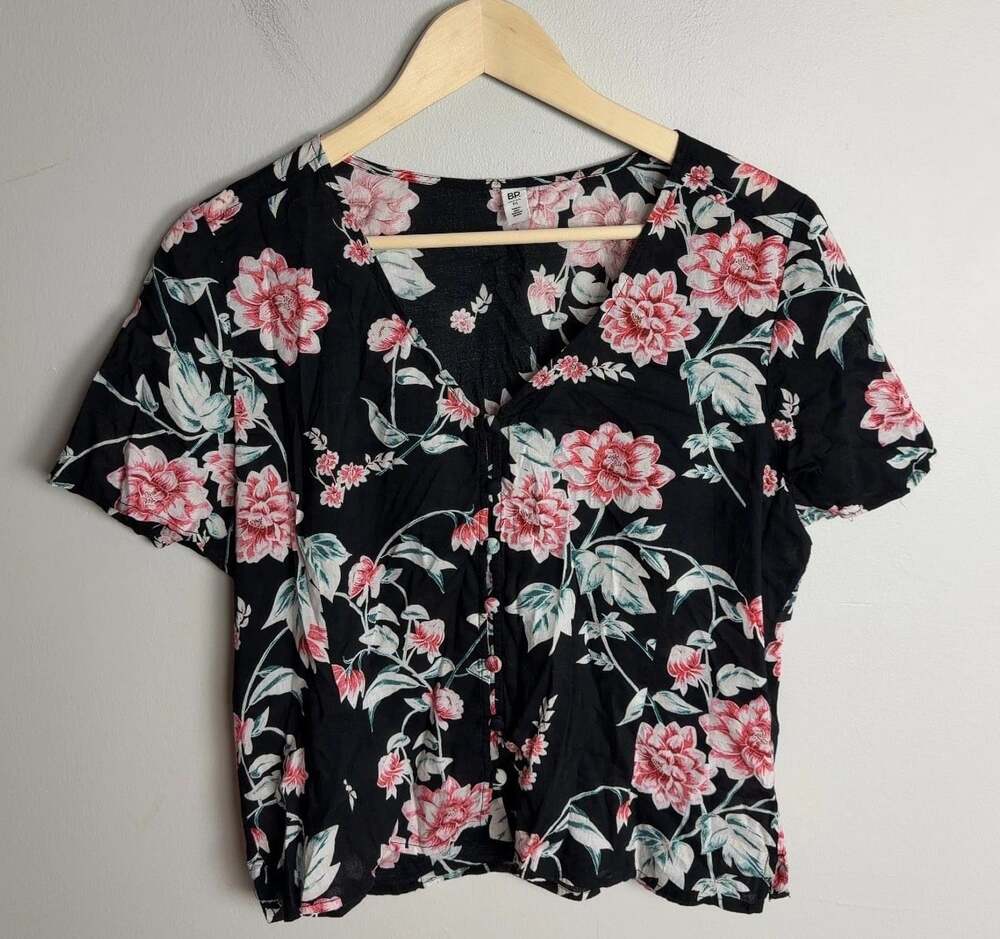 BP Nordstrom Floral Tropical Button Up Short Sleeve Blouse Black Pink Size Med